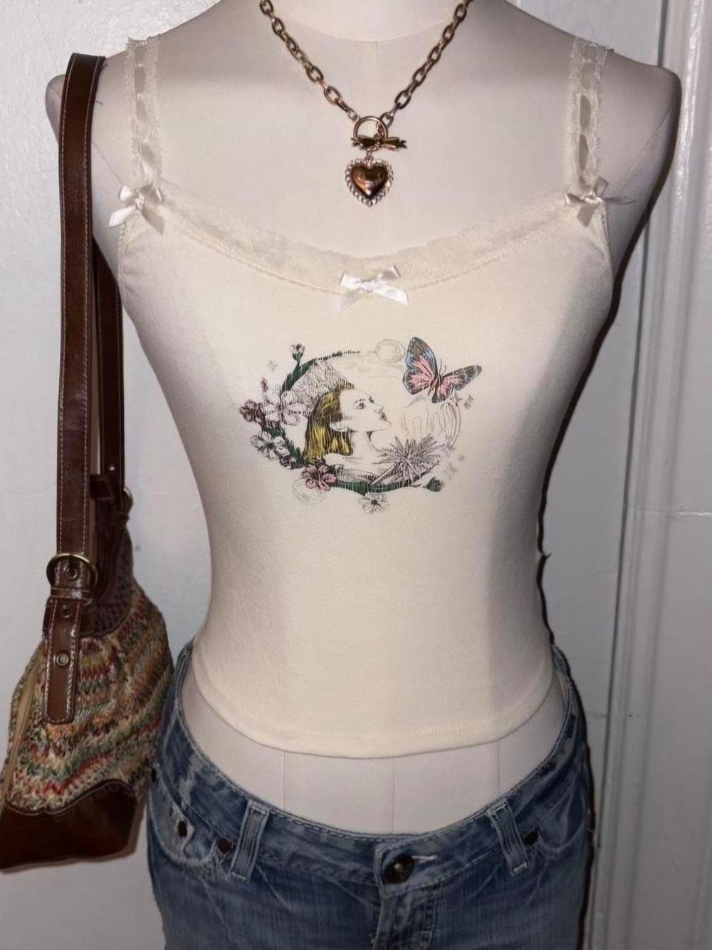 Wicked Good Witch Glenda Y2K Baby T Cream LaceTrim Bow Floral Butterfly Tank Top